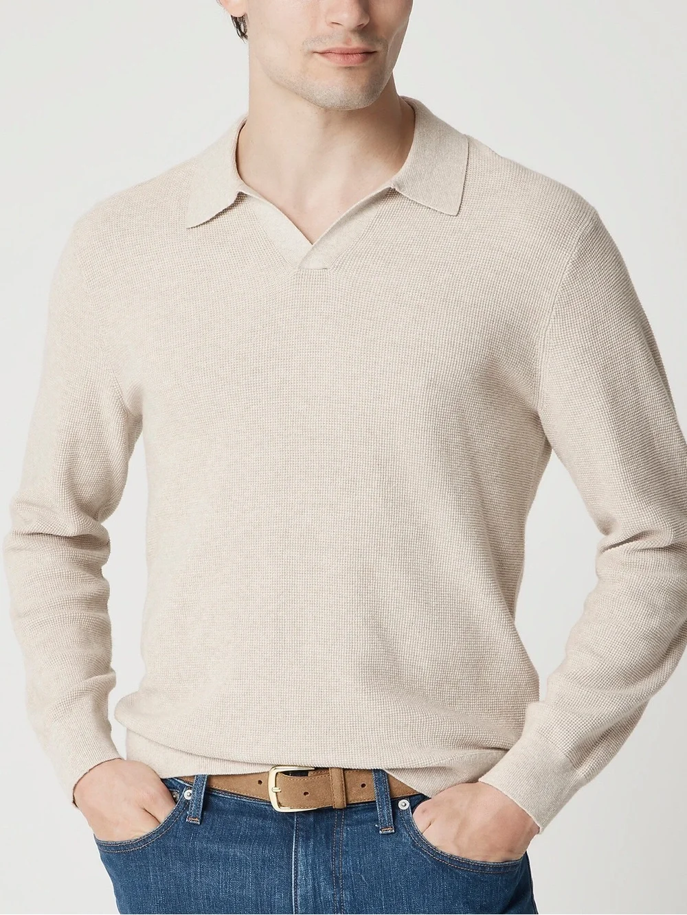 J. CREW Cotton waffle johnny-collar sweater-polo in Heather Stone L NWD $115
